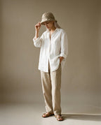 Detail of the woven Wildfool label inside the linen hat