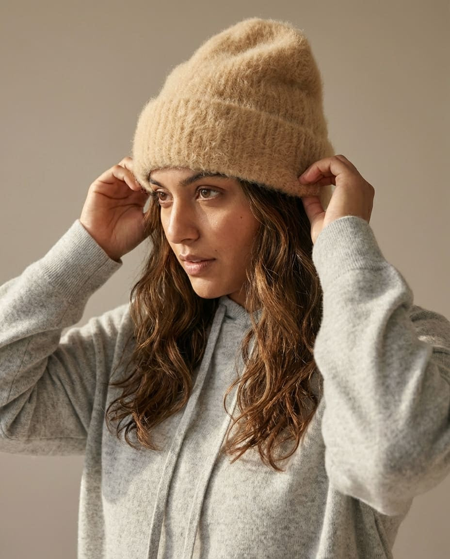 Wildfool Suri alpaca cloud beanie crown detail showing the seam-free top