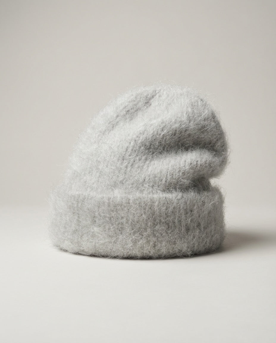Wildfool Suri-Alpaca Cloud Beanie in Mist Grey - Zoom View - Hypoallergenic Luxury, Cloud-Touch Texture