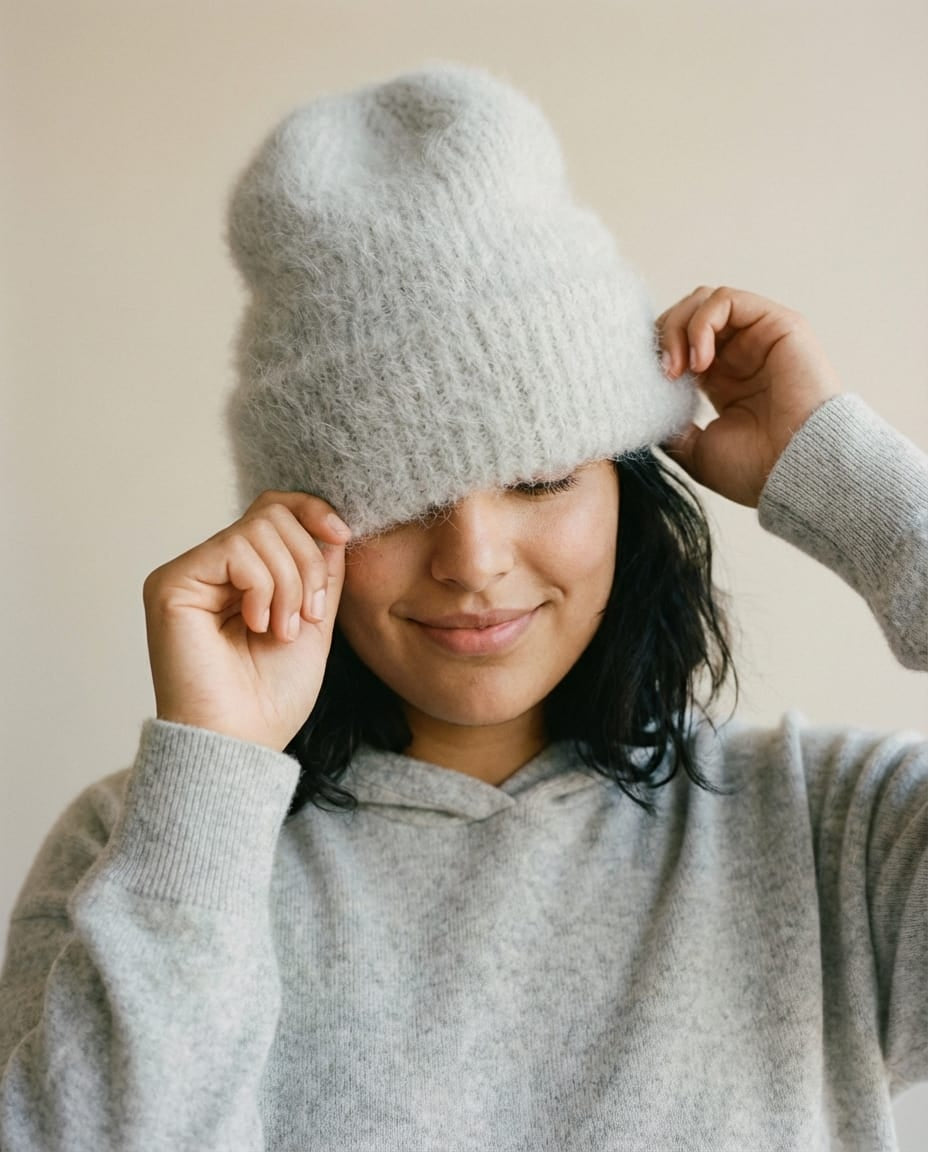 Color range overhead — fog, oat, blush, charcoal Suri alpaca cloud beanies