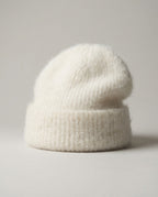 Side profile of Wildfool alpaca cloud beanie showing the brushed halo silhouette