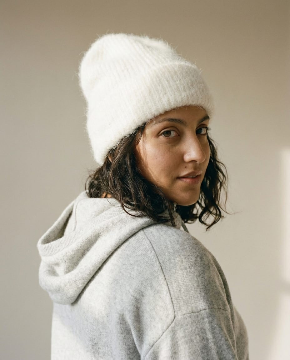 Wildfool Suri-Alpaca Cloud Beanie in Milk White - Zoom View - Hypoallergenic Luxury, Cloud-Touch Texture
