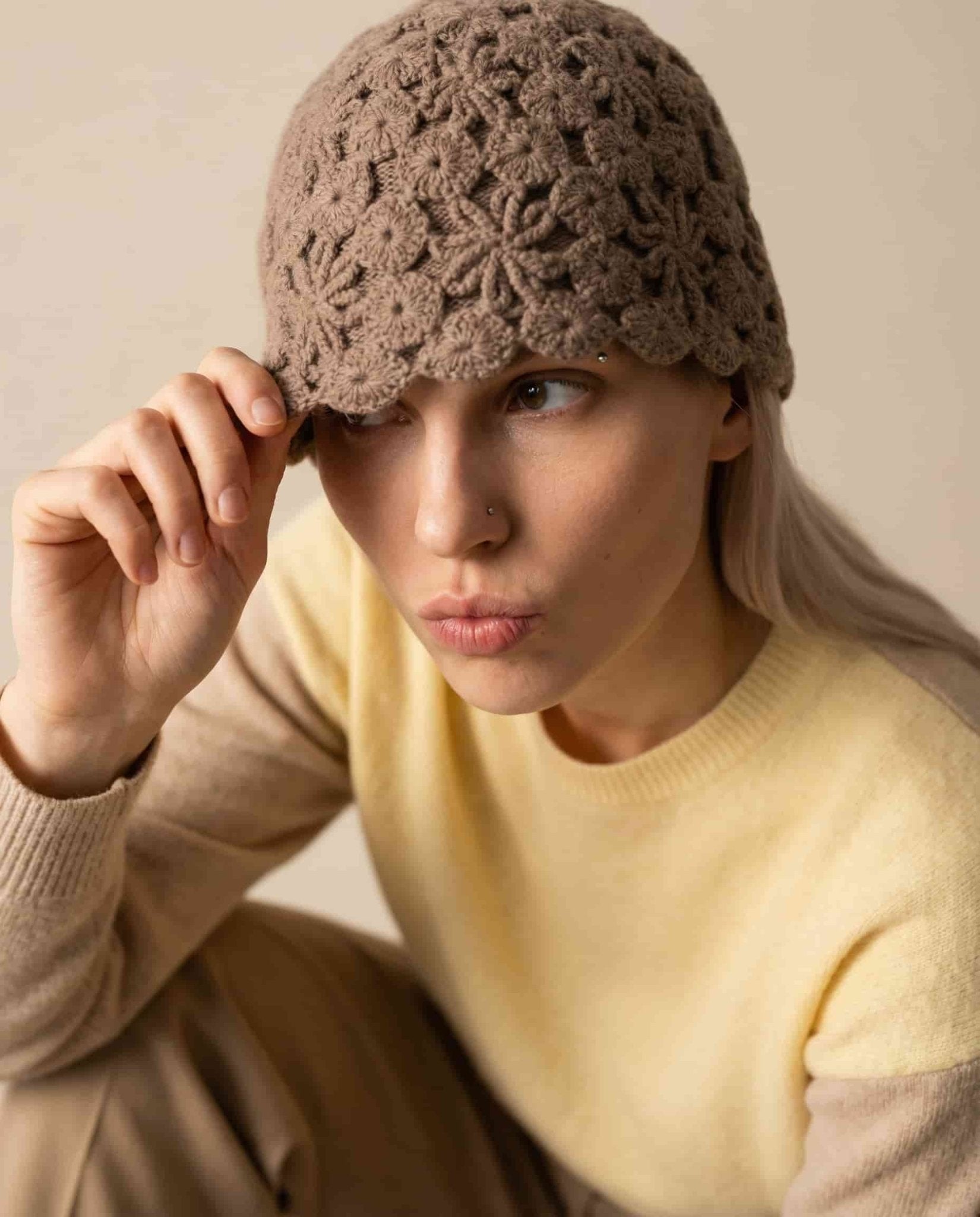 WF26SHIE007-BR - Antique Mocha - The Hand - Crochet Cashmere Cloche