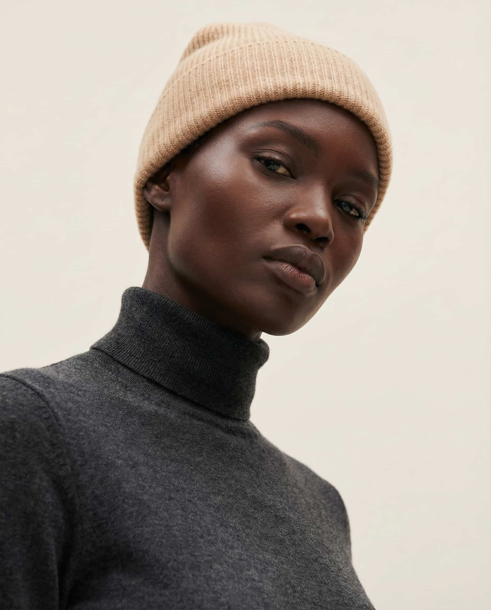 Wildfool The Alashan Cashmere-Blend Beanie in Oatmeal - Zoom View - Anti-Slouch Structure, Static Control