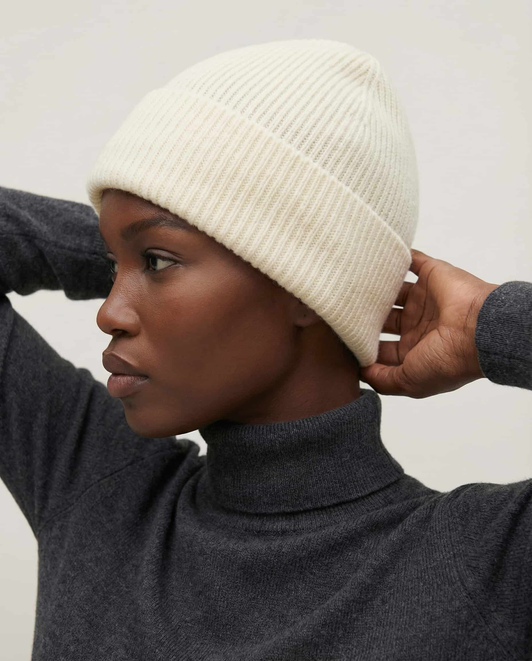 Wildfool The Alashan Cashmere-Blend Beanie in Sea Salt - Zoom View - Alashan Cashmere blend with Anti-Slouch Structure