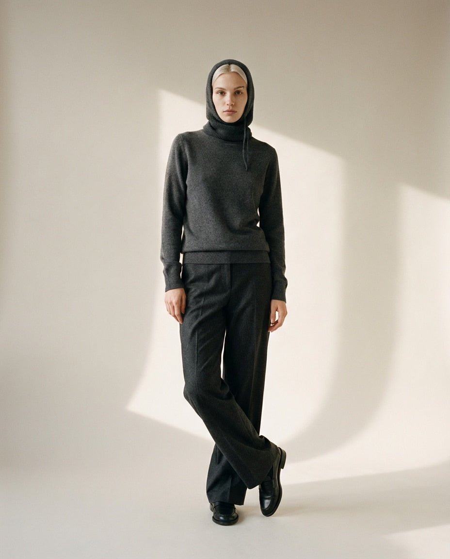 Color range overhead — charcoal, oat, deep camel Wildfool wool balaclava hoods