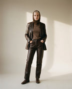 Back view of the wool hood on model showing the seamless crown