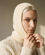 Wildfool Inner Mongolia wool balaclava hood in charcoal — full front view on linen