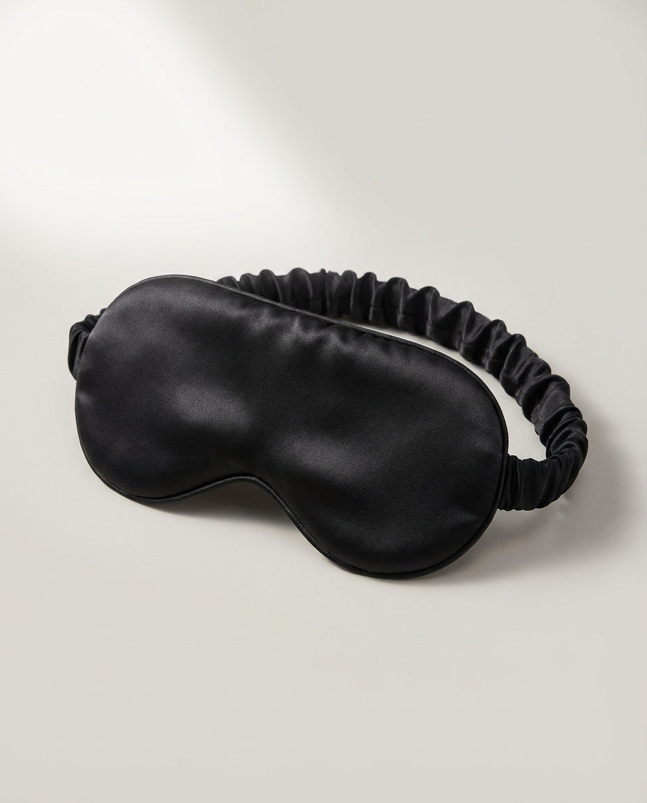 Wildfool silk sleep mask worn during a daytime nap — warm window light filtering through