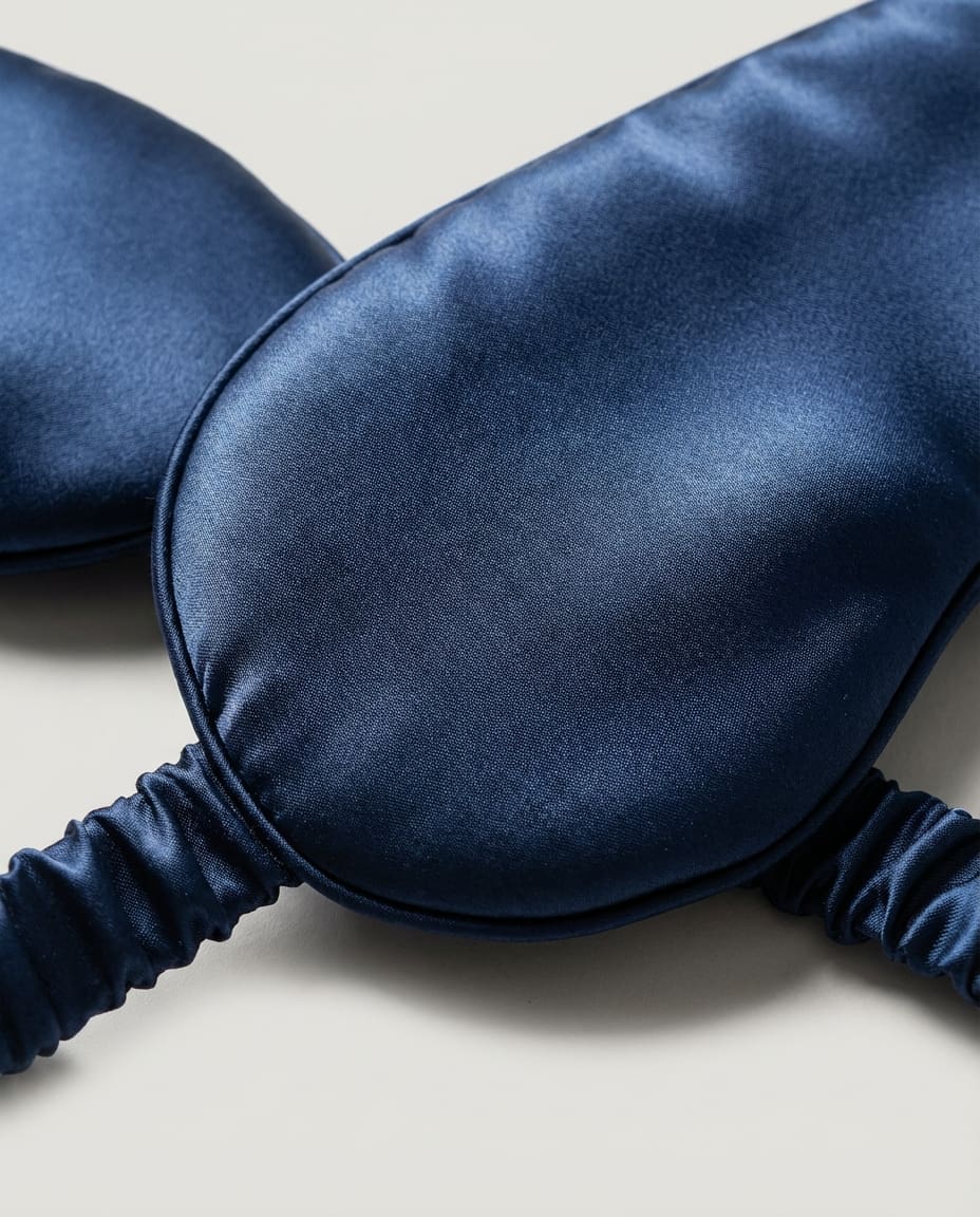 22-momme mulberry silk sleep mask worn on model — three-quarter view, eyes covered, calm expression