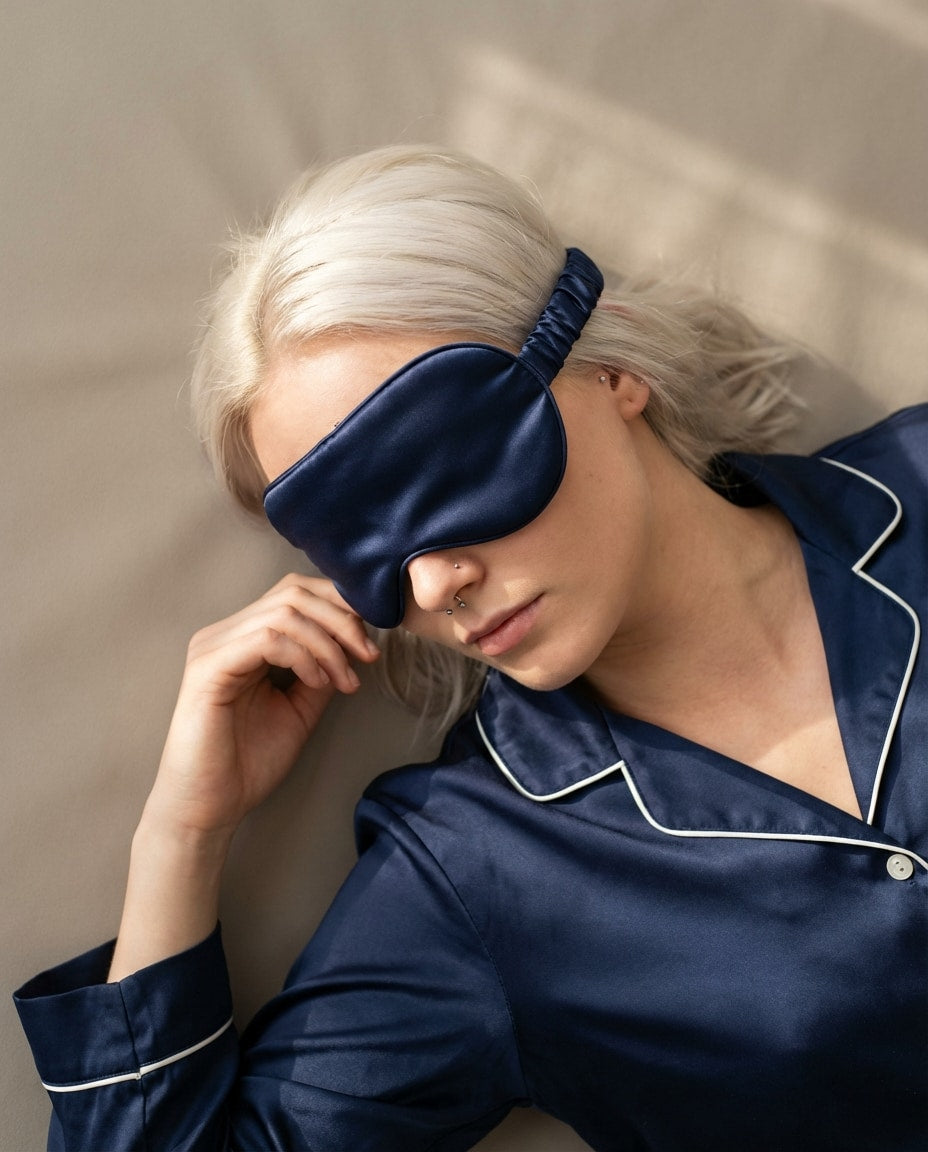 Wildfool 22-Momme Silk Blackout Mask in Midnight Navy - Zoom View - 100% Mulberry Silk Anti-Aging Sleep Shield