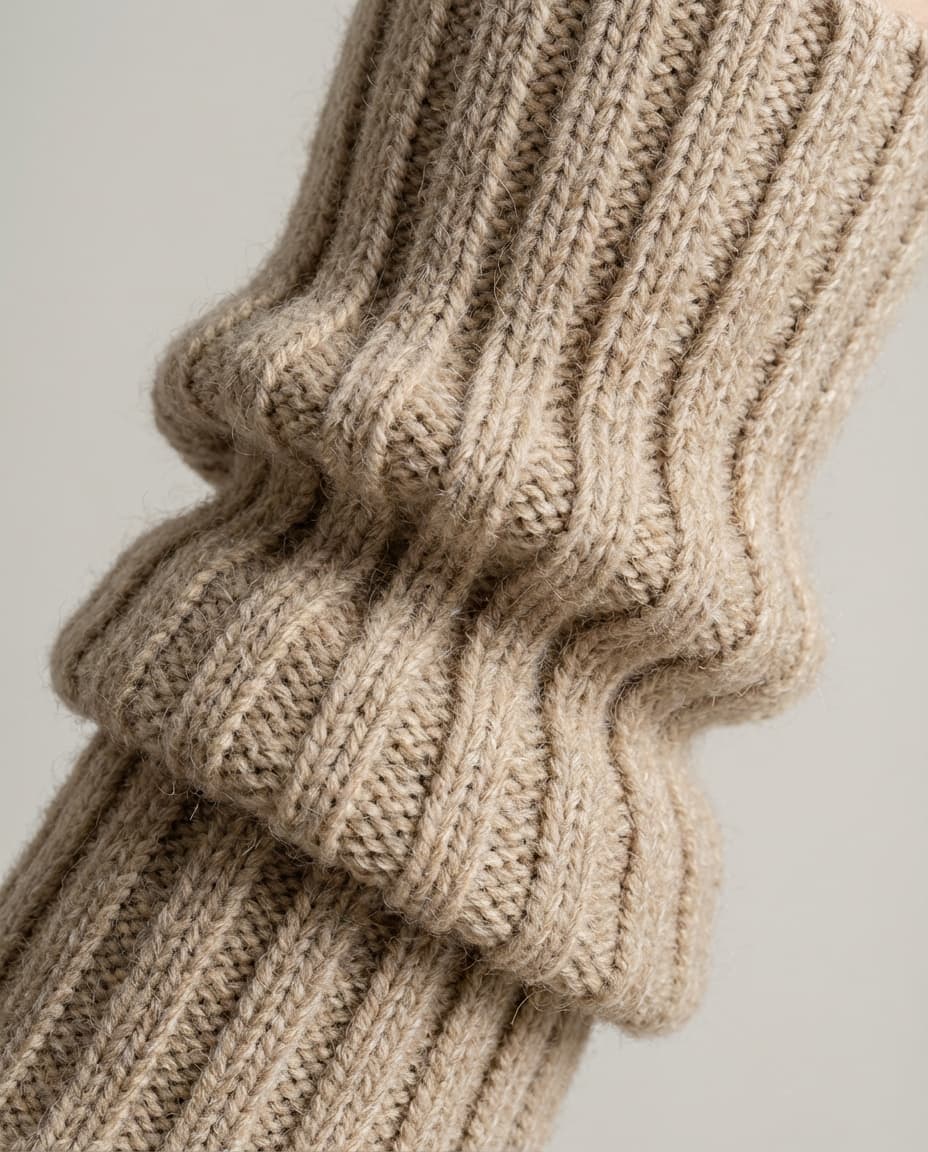 Wildfool Chunky Wool-Blend Leg Warmer in Taupe - Zoom View - Studio Slouch Sleeve, Cozy Nostalgic Studio Aesthetic