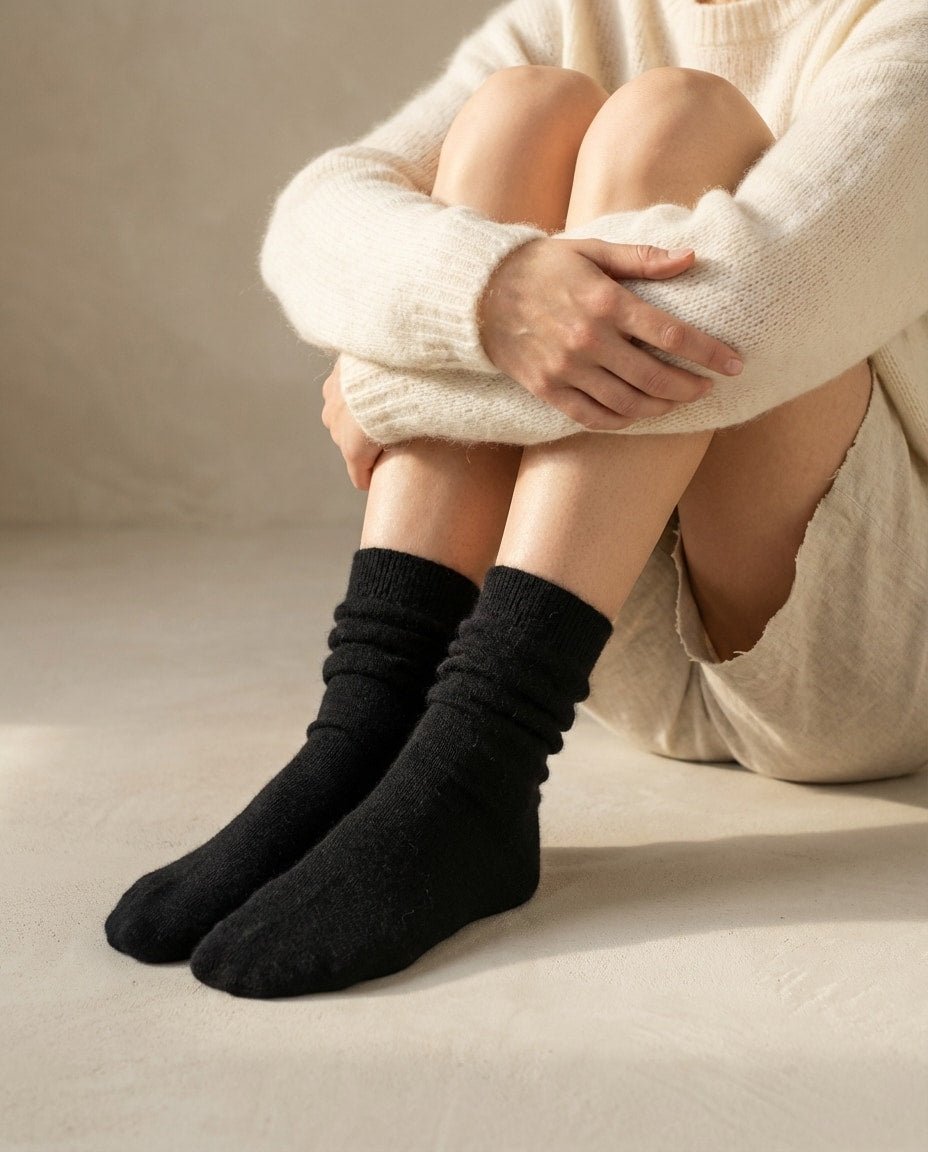 Wildfool cashmere bed socks beside a book and a candle — nightstand still life