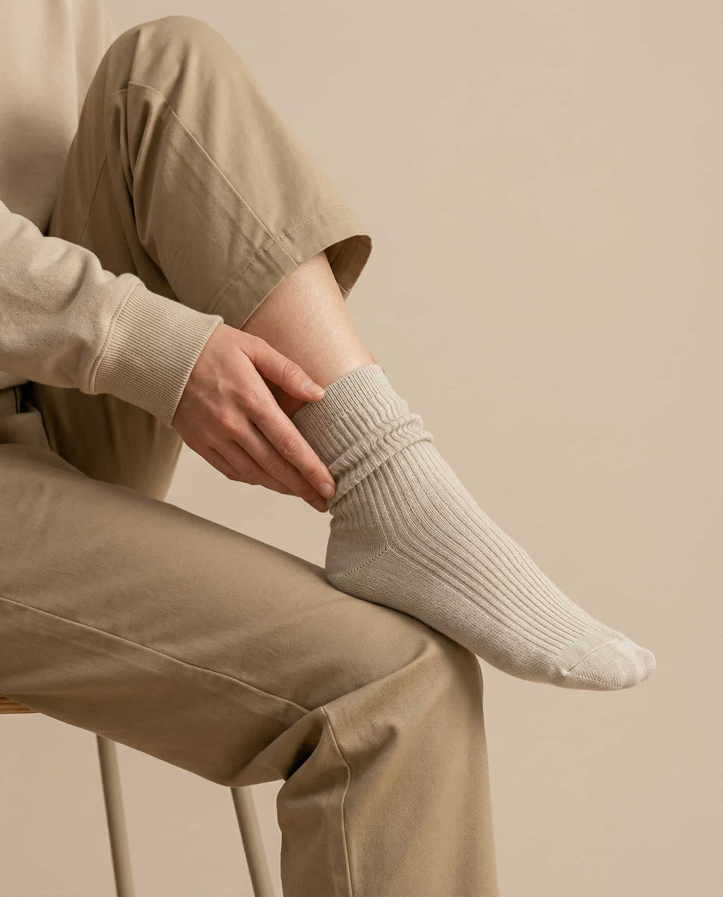 Close-up of hand-linked seamless toe on Wildfool wool cloud sock