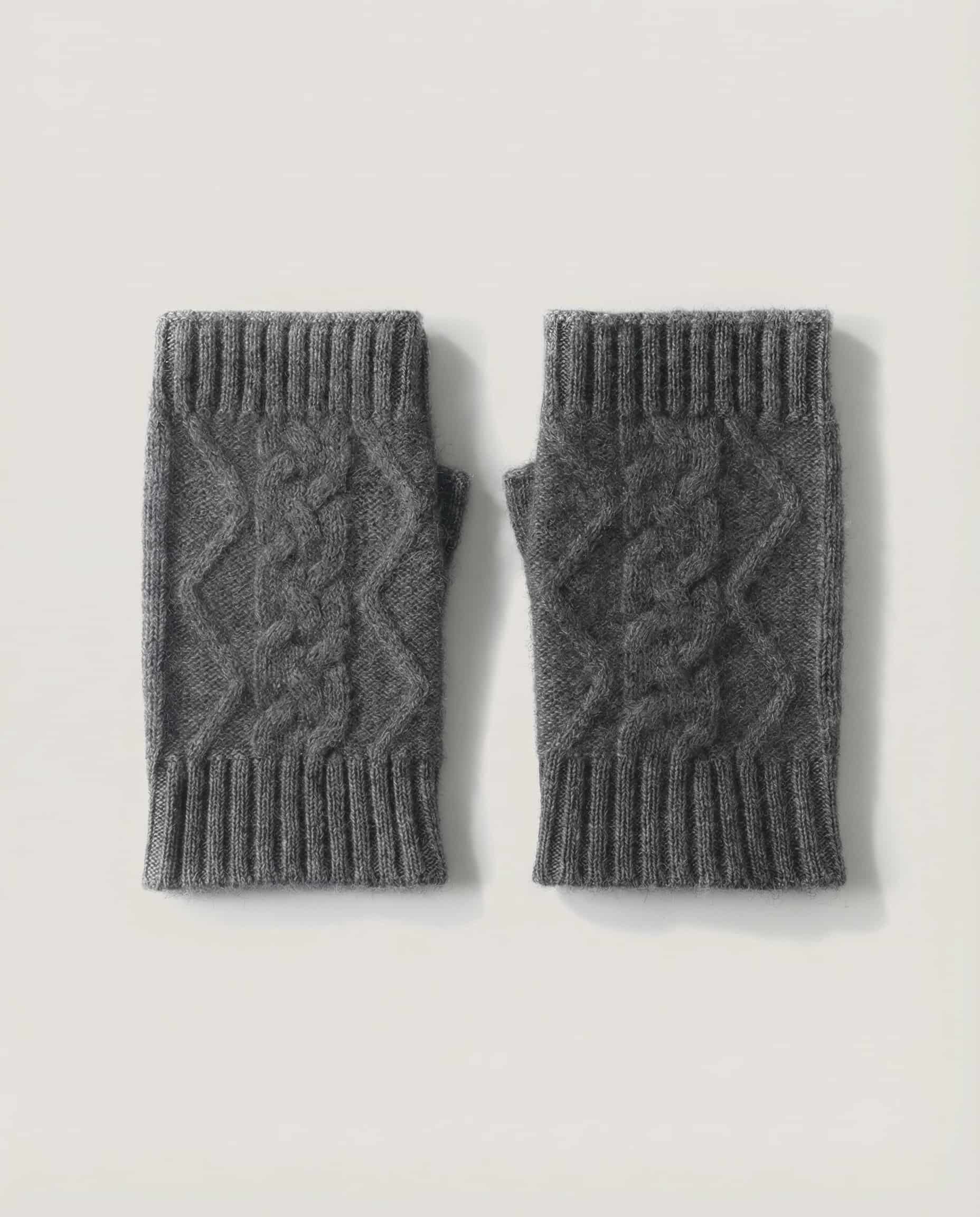 Wildfool The Cable-Knit Fingerless Gloves in Mist Grey - Zoom View - 100% Alashan Baby Cashmere