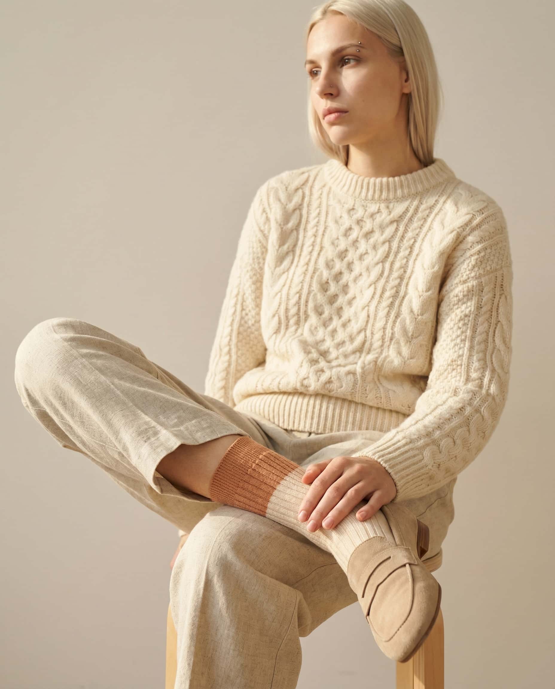 Wildfool 8-Minute Merino Crew (3-Pack) in Oat Milk, Apricot Glaze, Rose Clay - Zoom View - Australian Merino Wool, 10A Antibacterial, Daily Durability