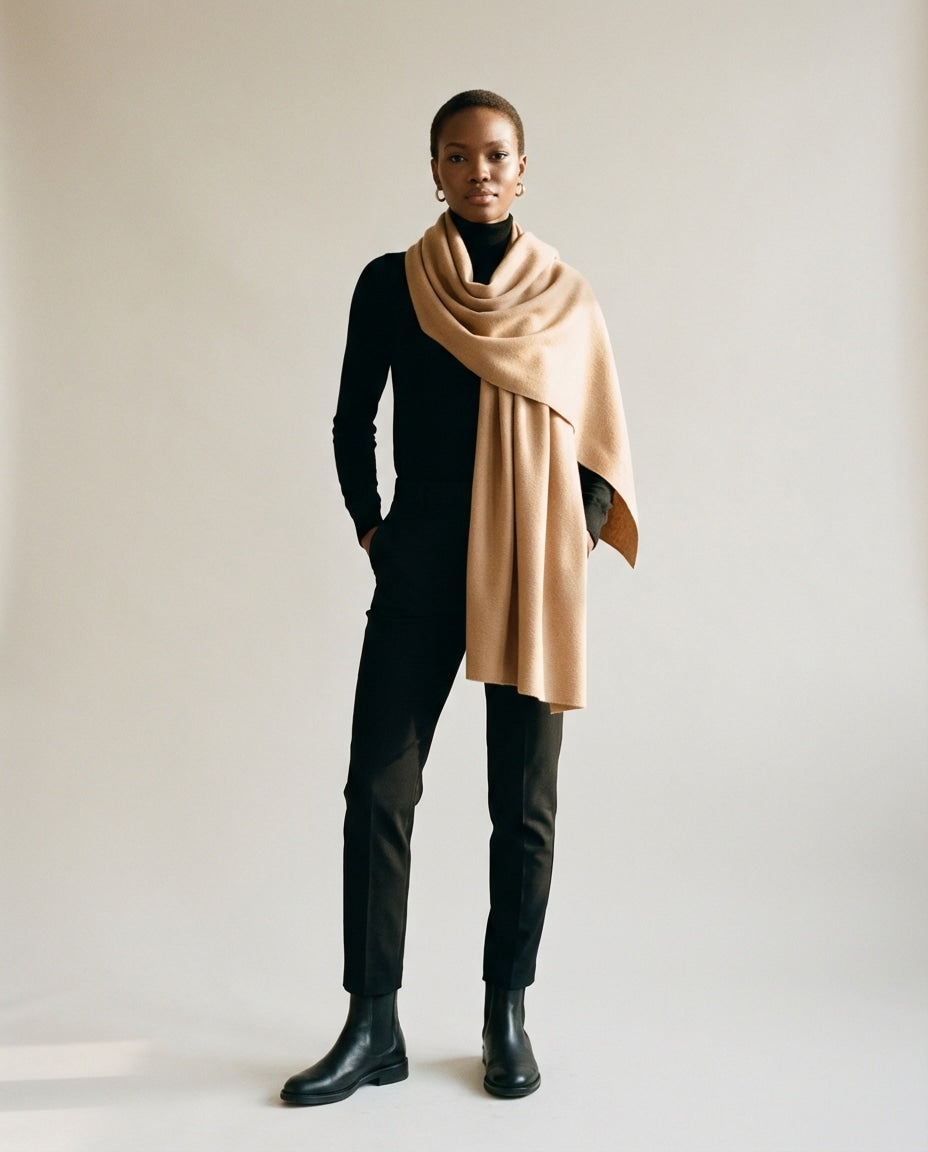 Wildfool The Water-Ripple Infant Cashmere Wrap in Camel - Zoom View - 100% Infant Cashmere with Cedar Block