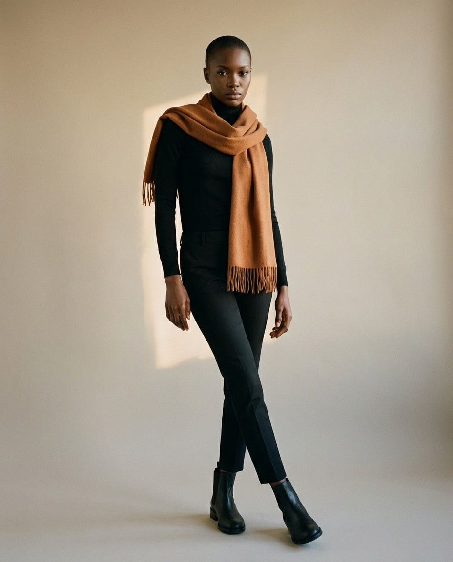 Wildfool The Water-Ripple Infant Cashmere Wrap in Caramel - Zoom View - 100% Infant Cashmere with Cedar Block