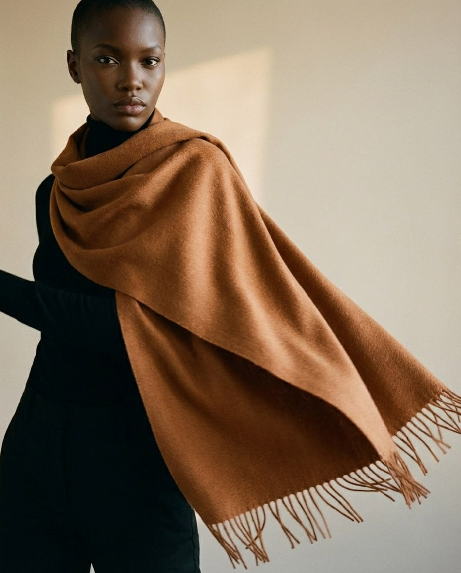 Wildfool The Water-Ripple Infant Cashmere Wrap in Caramel - Zoom View - 100% Infant Cashmere with Cedar Block