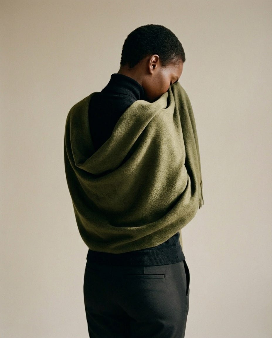 Wildfool Zibeline scarf beside its cedar moth block — care accessory detail