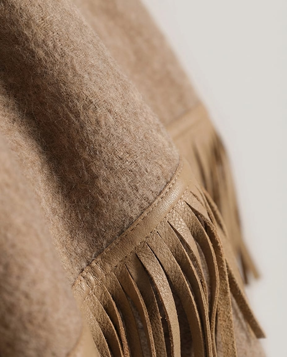 Wildfool Suede-Fringed Cashmere Cape in Camel Suede Mix - Zoom View - 100% Cashmere Body with Hand-Cut Goat Suede Fringe