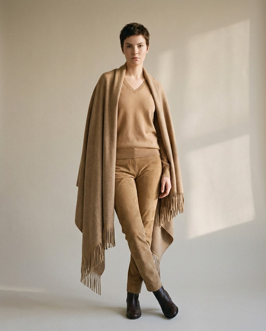 Wildfool Suede-Fringed Cashmere Cape in Camel Suede Mix - Zoom View - 100% Cashmere Body with Hand-Cut Goat Suede Fringe