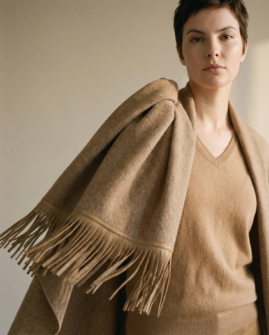 Wildfool Suede-Fringed Cashmere Cape in Camel Suede Mix - Zoom View - 100% Cashmere Body with Hand-Cut Goat Suede Fringe