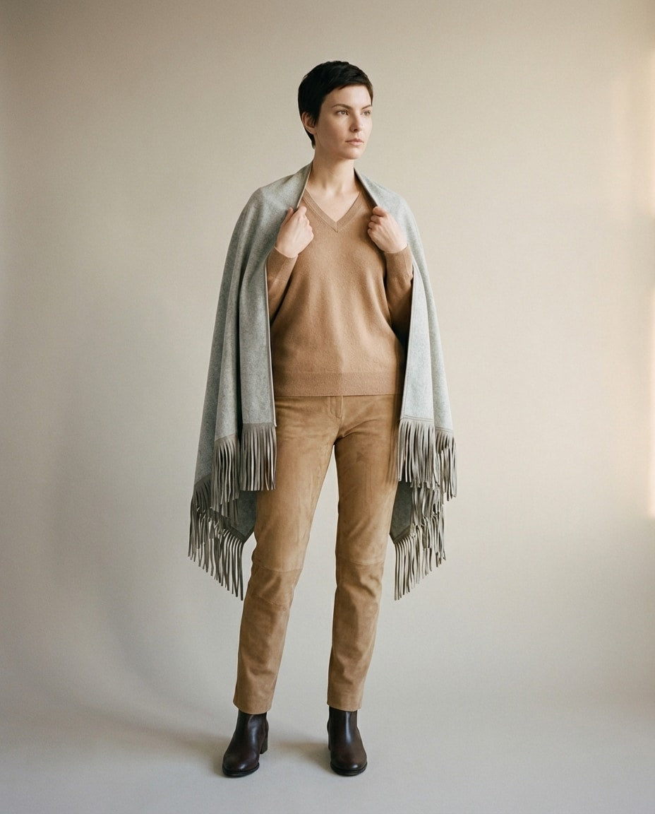 Wildfool Suede-Fringed Cashmere Cape in Grey Suede Mix - Zoom View - 100% Cashmere Body, 100% Goat Suede Fringe