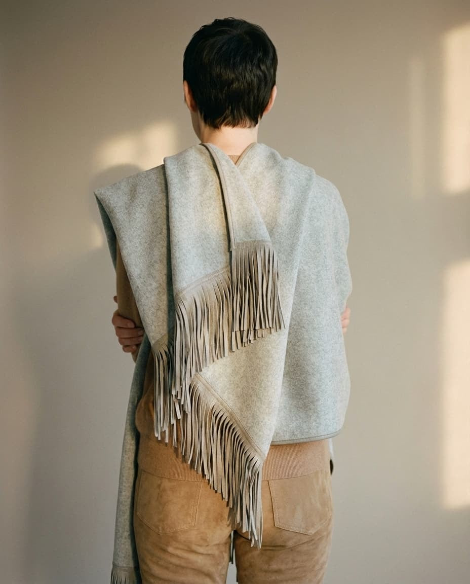 Wildfool Suede-Fringed Cashmere Cape in Grey Suede Mix - Zoom View - 100% Cashmere Body, 100% Goat Suede Fringe