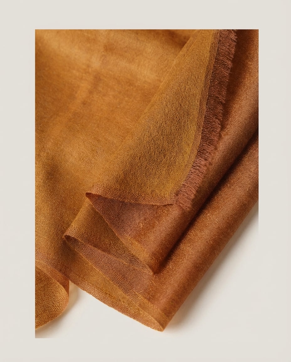 Wildfool The 100-Count Worsted Satin Wrap in Amber - Zoom View - 100% Worsted Cashmere, Architectural Scale, Liquid Drape