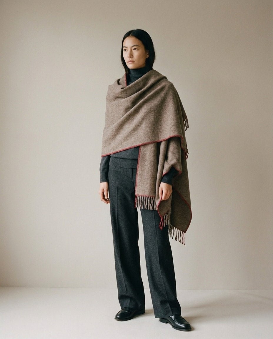 Heritage wool wrap worn over the shoulders as a shawl — three-quarter portrait