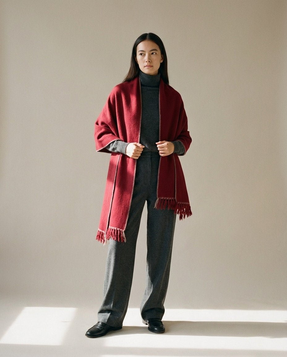 Hand gripping the dense wool edge to show the weight and drape