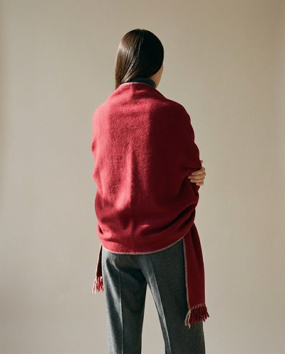 Color range overhead — deep camel, charcoal, oat heritage lambswool wraps