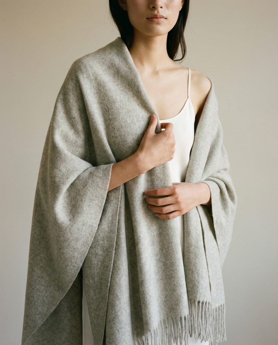 Wildfool The Nomad Lambswool Blanket-Wrap in Mist Grey - Zoom View - 100% Inner Mongolia Lambswool