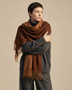 Scarf twisted once showing both tones visible simultaneously at the neck