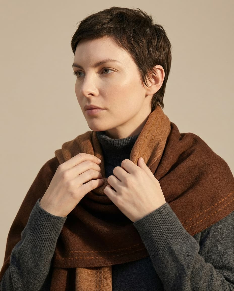 Wildfool Reversible Whipstitch Scarf in Espresso Latte - Zoom View - 100% Inner Mongolia Lambswool, Dual-Tone Versatility