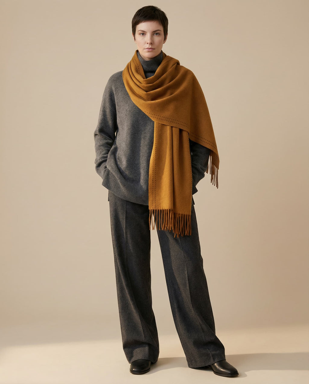 Reversible scarf worn with spice side showing — front portrait in daylight