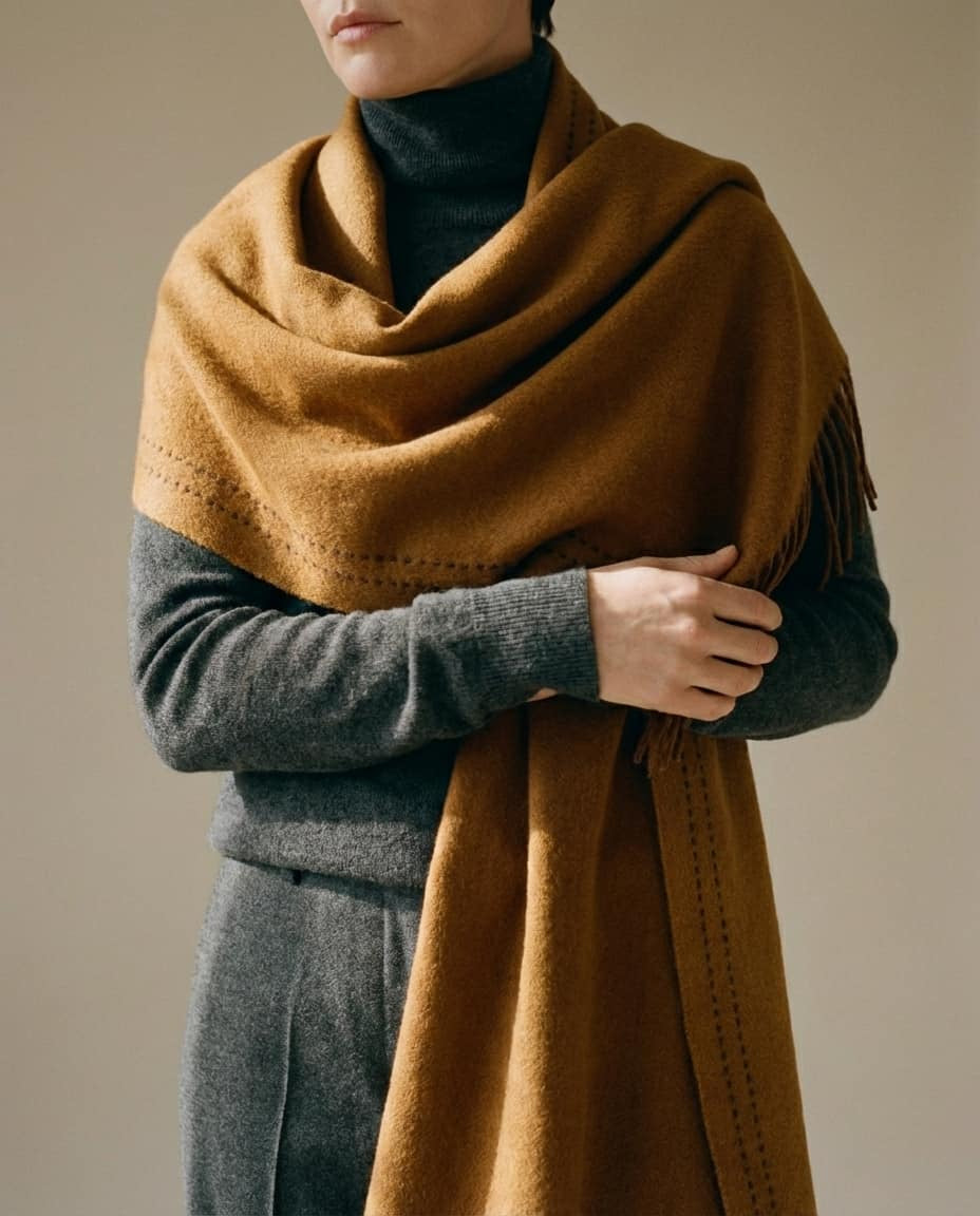 Wildfool reversible whipstitch lambswool scarf — spice side up on cream linen flat lay