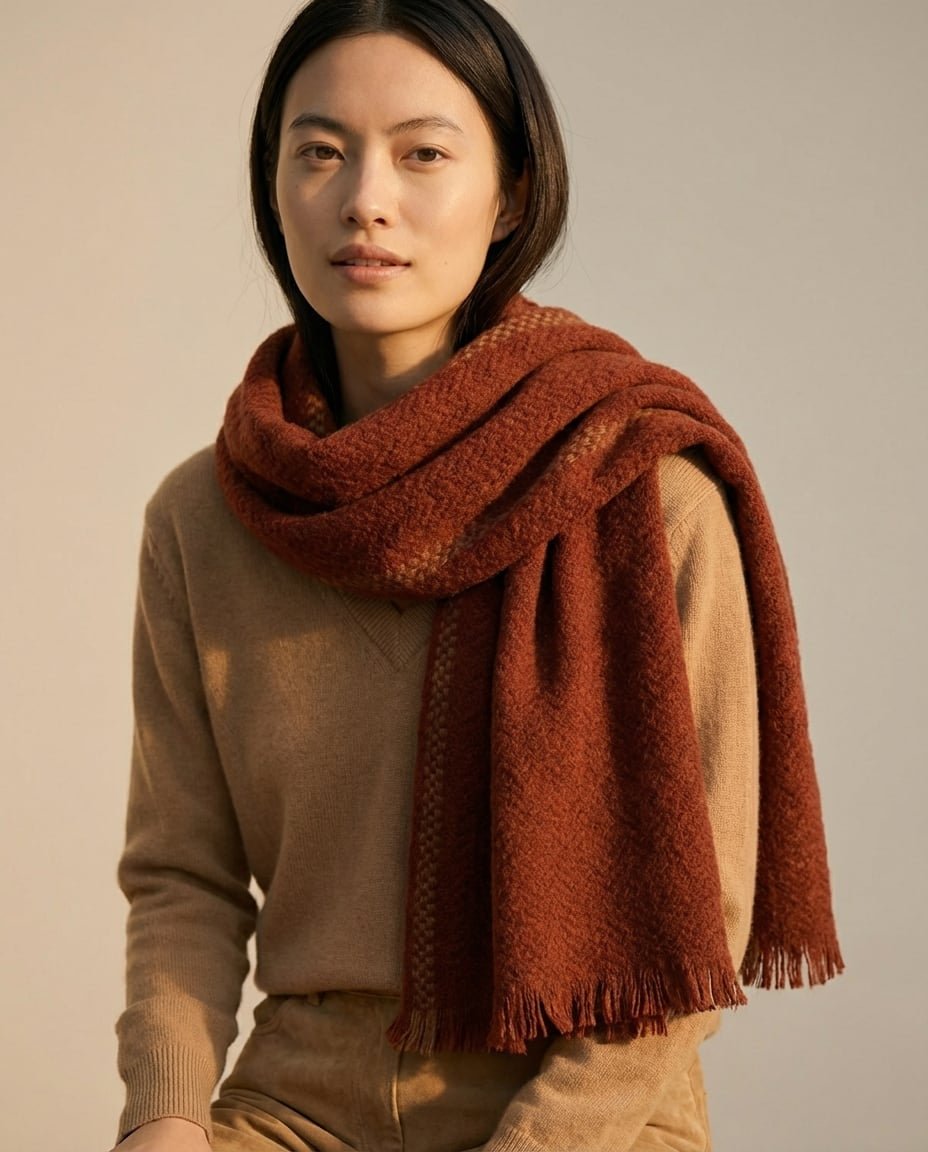 Color range overhead — oat, slate, navy herringbone lambswool scarves