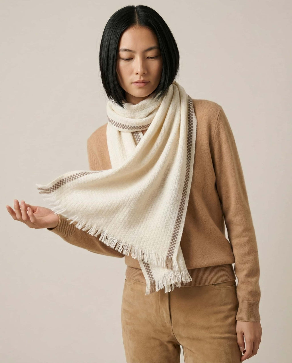 WF26WRAP011-WT - Limestone - The Herringbone Wool Scarf