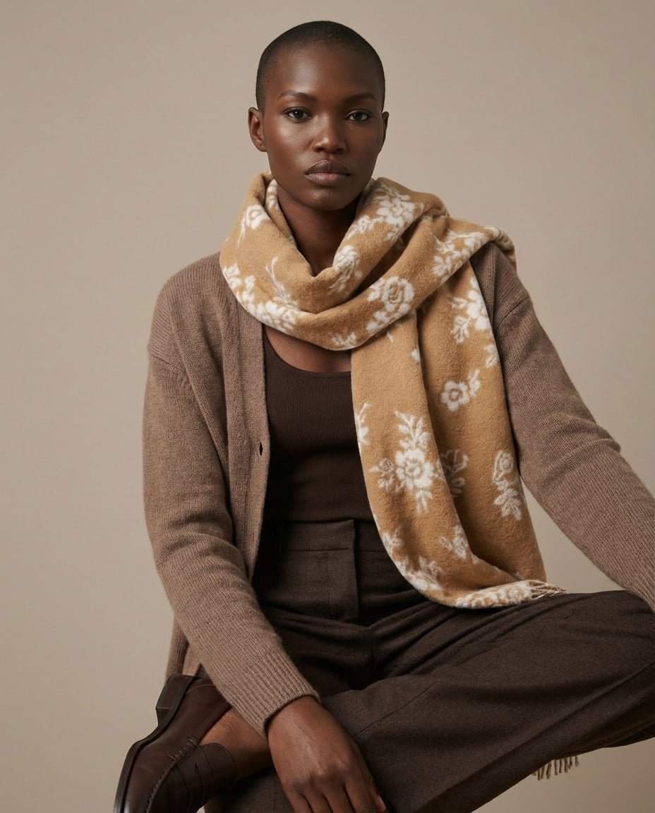 Wildfool wildflower jacquard lambswool scarf — front side with light blooms on dark field