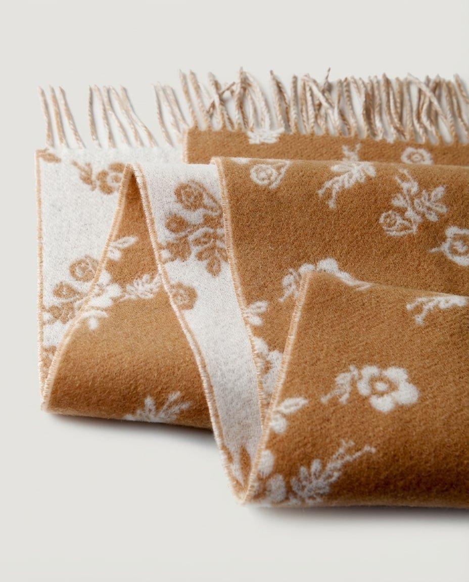 Detail of the botanical motif woven into the lambswool at the scarf edge