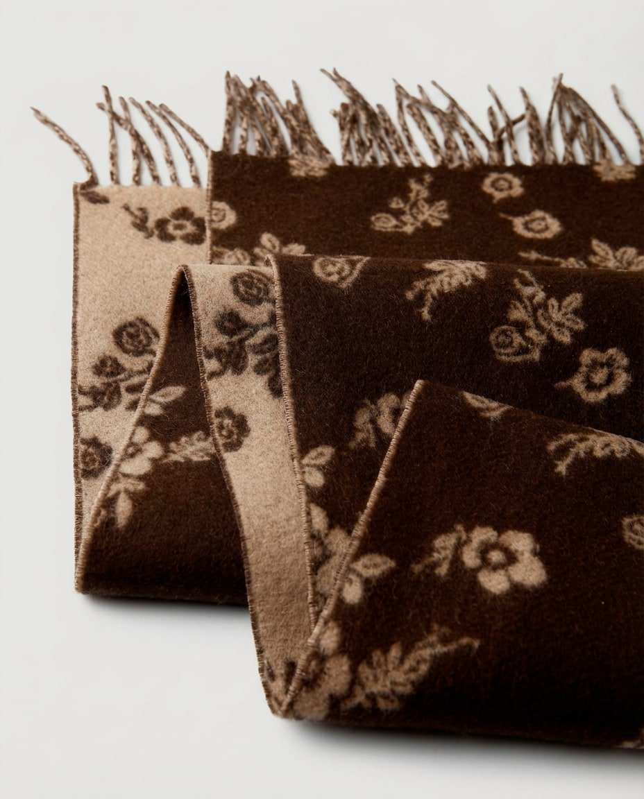 Scarf spread flat at full length showing the repeating botanical pattern