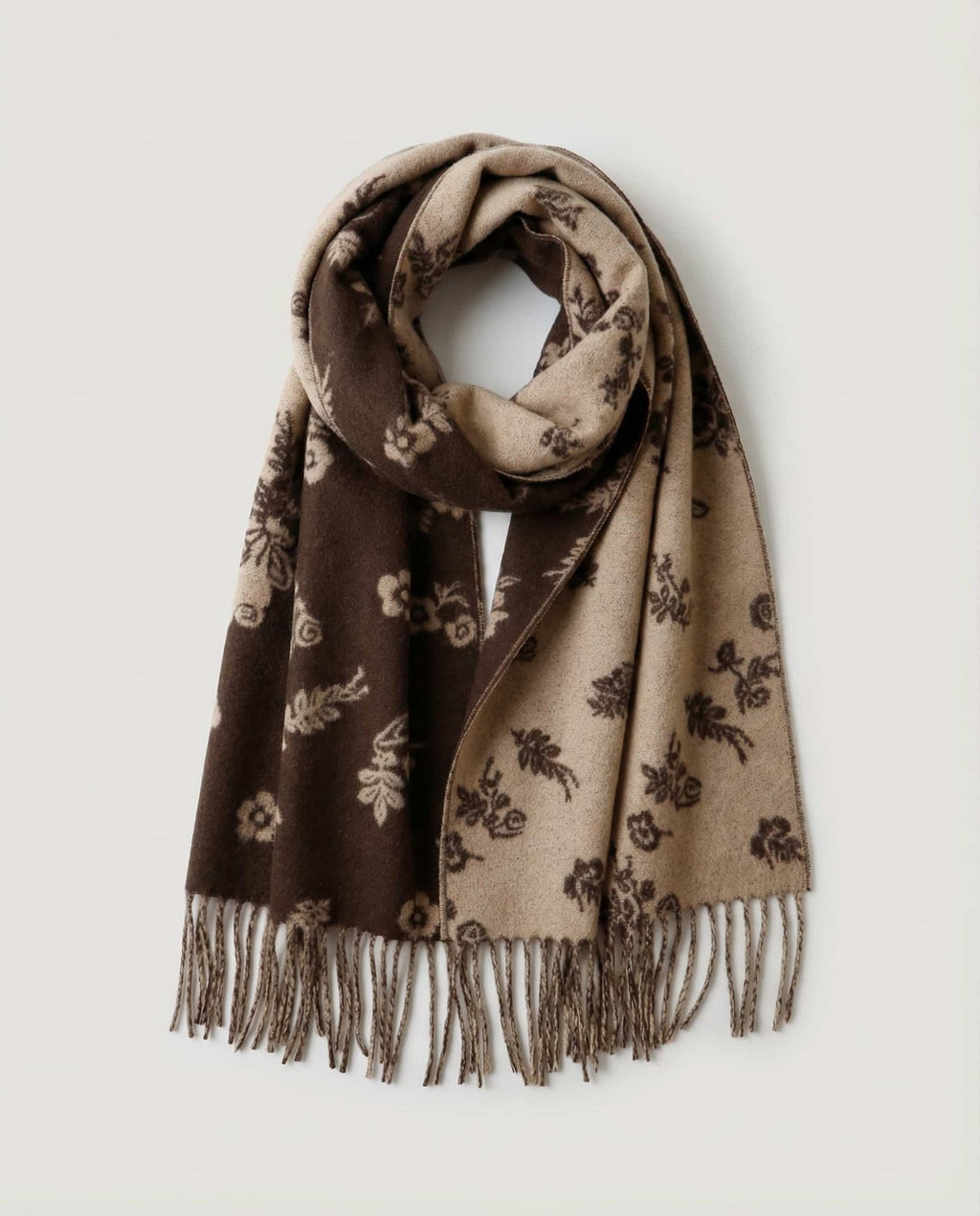 The Wildflower Jacquard Scarf in Espresso Jacquard, laid flat with both faces showing