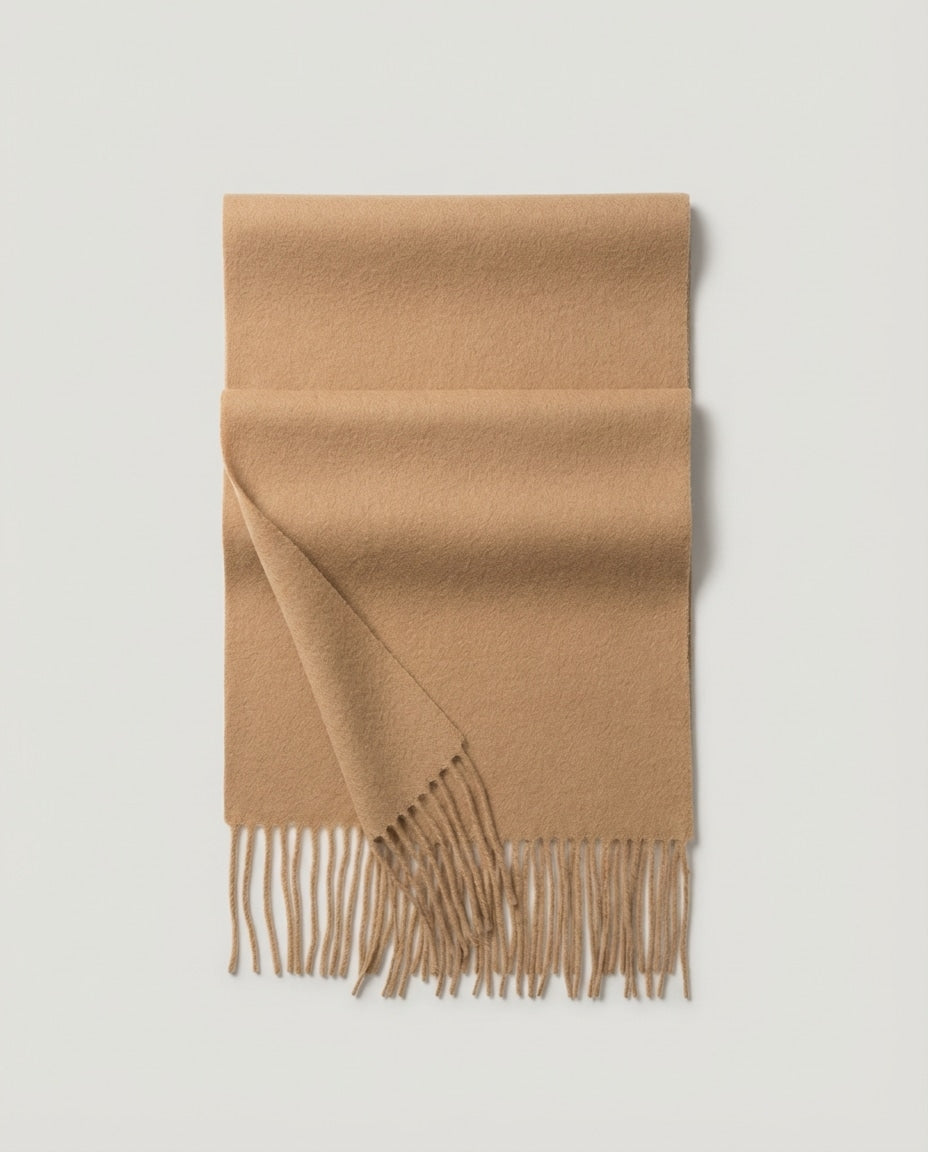 Wildfool Superfine Wool Slim Scarf in Classic Camel - Zoom View - 100% Sheep Wool, Featherlight 133g