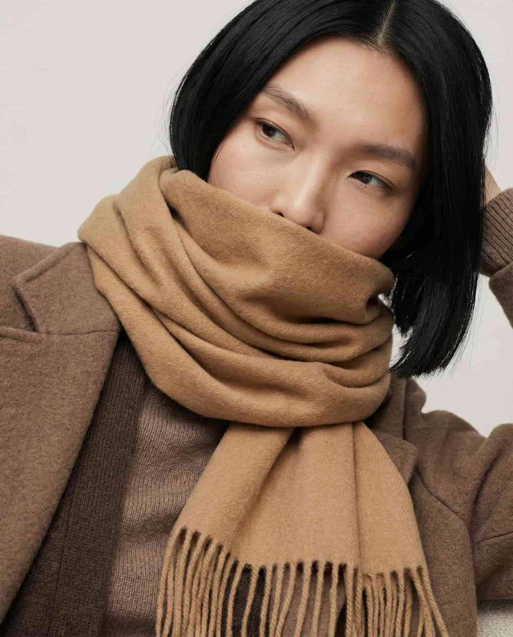 Color range overhead — oat, charcoal, dusty pink, navy slim wool scarves