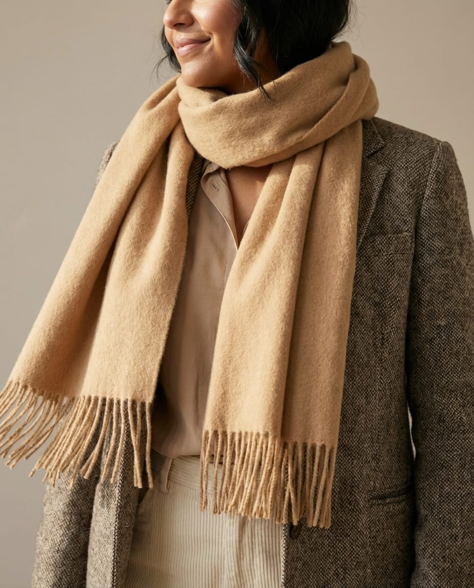 Scarf bunched at the collar showing the dense, insulating volume