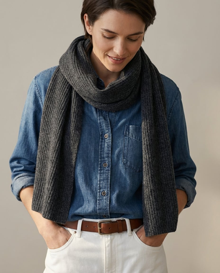 Wildfool Alashan cashmere-knit collar in charcoal — flat lay on cream linen