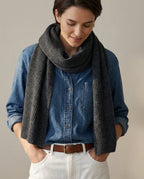 Wildfool Alashan cashmere-knit collar in charcoal — flat lay on cream linen