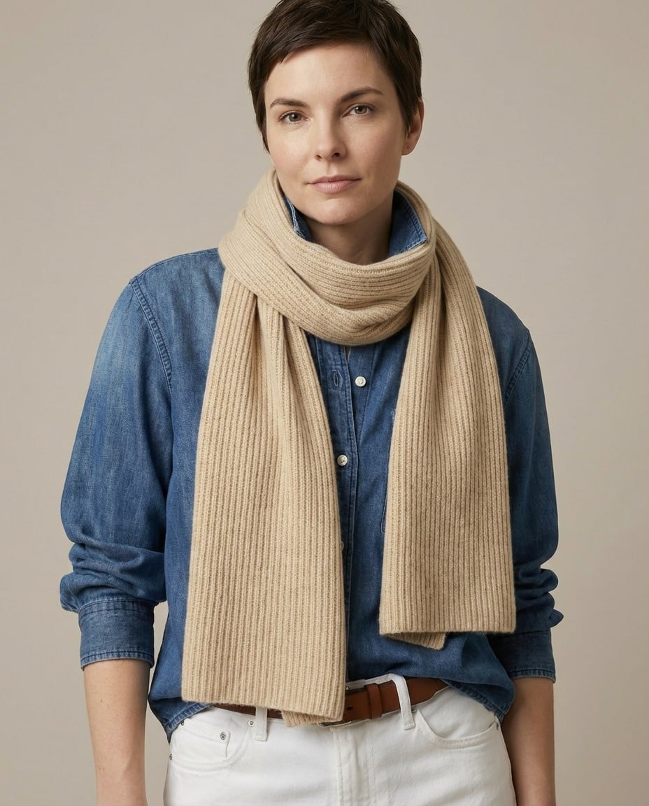 Wildfool knit collar stretched to show the 160cm length and elasticity